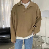 Wiaofellas Spring Autumn Fashion Men's Cool Boys Casual Loose Lapel Tess Knitted Pullover Polot T-Shirt Hoodie Sweater Soft Buckle Warm