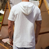 Wiaofellas Casual Elegant Chinese Style Cotton Linen T-Shirt Summer Men's Solid Color Retro Double Pocket Tooling Hooded Pocket Shirt Top