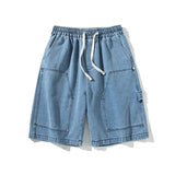 Wiaofellas Men's Shorts Denim Blue Trunks Basic Solid Color Drawstring Short Pants Plus Size 3XL Hip Hop Knee Length Male Trouses