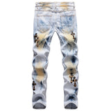 Wiaofellas New Hand-painted Paint Black Leopard Grain Leather Cross Elasticity High Street Stretch Slim Hole Small Straight Denim Jeans