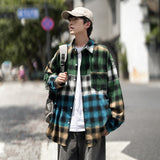 Wiaofellas Men's Gradient Color Pure Cotton Lattice Printing Long Sleeve Shirt Casual Fashion Trend Lapel Collar Loose Shirts Big Size