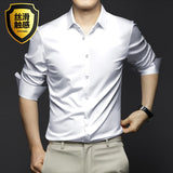 Wiaofellas 6XL Large Solid Men's Short Sleeve Shirt Summer New Ice Silk Non iron Luxury Long Sleeve Business Casual Fit Wrinkle Proof