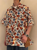 Wiaofellas Summer Men's Retro Printing Floral Short Sleeve Shirts Handsome Fashion Trend Popular Lapel Collar Red Color Shirts M-2XL
