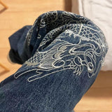 Wiaofellas Retro street loose embroidery dragon straight jeans women's new casual all-match high-waisted wide-leg pants