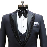 Wiaofellas Men's Suit 2 Pieces Blazer Vest One Button Peaked Satin Lapel Sequins Business Slim Fit Formal Work Wedding Groom Costume Homme