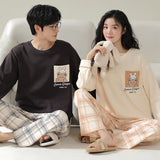 Wiaofellas Spring Autumn Cartoon Cute Women's Cotton Pajamas Set Cozy Soft Pajama Man Couple Plaid Pants Casual Sleepwear Home Clothes Suit