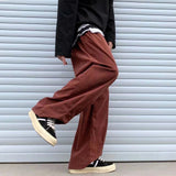 Wiaofellas Japanese Retro Brown Red Corduroy Wide Leg Pants Men's Fashion Trousers Loose Straight Casual Pants Elastic Waist Sweatpants