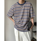 Wiaofellas Summer Men's Korean Loose Stripe Printing T-shirts Short Sleeve Round Neck Tshirt Green/blue Color Clothes T Shirts M-2XL