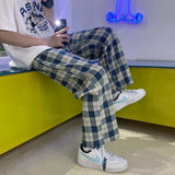 Wiaofellas Plaid Pants Men's High Street Korean Style Nine-point Pants Summer Thin All-match Casual Pants Loose Straight Wide-leg Pants