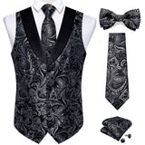 Wiaofellas Brand Suit Vest Set For Men Luxury Silk Black Gold Paisley Dress Vest Tie Cufflinks Handkerchief Set Male Sleeveless Waistcoat