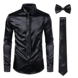 Wiaofellas Black Mens Silk Dress Shirts 3Pcs(Shirt +Tie+Bowtie) Smooth Satin Shirt Men Slim Fit Party Prom Casual Shirts Men Social Camisa