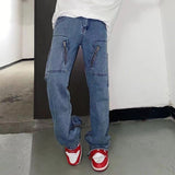 Wiaofellas Men's Streetwear Handsome Zipper Decorate Casual Pants Slit Fit Tide Fashion Trend Wash Jeans Blue Color Retro Trousers