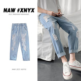 Wiaofellas Summer Slim Fit Jeans for Mens Streetwear Korean Designer Regular Distressed Denim Slim Homme Pants Hip Hop Hole Jeans Trousers