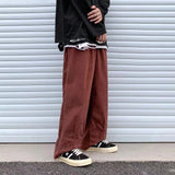 Wiaofellas Japanese Retro Brown Red Corduroy Wide Leg Pants Men's Fashion Trousers Loose Straight Casual Pants Elastic Waist Sweatpants