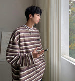Wiaofellas Men's Long Sleeved Striped T-shirt, Original Style Round Neck Top, Korean Student Loose Casual T-shirt, Fashionable