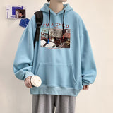 Wiaofellas Men's New Youth Casual Loose Size Plus Hoodies Graphical Patterned Hong Kong Long Sleeve Pockets Couple Outfit Sweatshirt