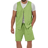 Wiaofellas Summer Mens Cotton Linen Two Piece Vintage Sleeveless Button Vest Shirts And Casual Shorts Suits Men Leisure Solid Color Outfit