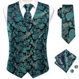 Wiaofellas 20 Color Silk Men's Vests and Tie Business Formal Dresses Slim Vest 4PC Hanky Cufflinks for Suit Blue Paisley Waistcoat