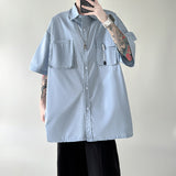 Wiaofellas Summer Short Sleeve Shirt Men Fashion Retro Pocket Shirts Mens Japanese Streetwear Loose Casual Solid Color Tooling Shirt Men