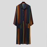 Wiaofellas Men's Nightgown Robes Arabian Striped Shirt Ethnic Clothing Long Sleeves Retro Kimono House Skirt Cotton Bathrobe Lingerie