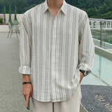 Wiaofellas Men's Striped Printing Cotton Clothes Long Sleeved Shirt Loose Shoulder Casual Lapel Collar White Shirt M-2XL