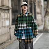 Wiaofellas Men's Gradient Color Pure Cotton Lattice Printing Long Sleeve Shirt Casual Fashion Trend Lapel Collar Loose Shirts Big Size