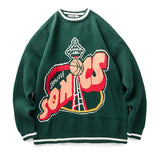 Wiaofellas Vintage Knitted Sweater Men Green Letter Print Striped Pullover Women Harajuku College Style Jumpers Streetwear Spring Autumn