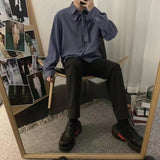 Wiaofellas Men's Blue Color Send Tie Long Sleeves Shirts Korean Style Retro Fashion Trend Casual High-quality Shirts Plus Size S-2XL