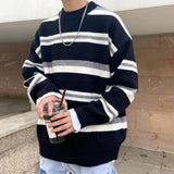 Wiaofellas Winter Men's Casual Loose Knitting Simple Stripe Printing Coats Round Neck Pullover Fashion Trend In Warm Wool Sweaters