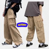 Wiaofellas Kpop Khaki Cargo Pants Women Low Waist Sweatpants Drawstring Pockets Straight Pants Men Y2k Wide Leg Trousers Korean Parachute