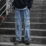 Wiaofellas Harajuku Vintage Jeans Loose Pockets Wide Leg Pants Fashion Oversized Trousers Ribbon Hole Cargo Korean Staight Casual