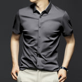 Wiaofellas 6XL Large Solid Men's Short Sleeve Shirt Summer New Ice Silk Non iron Luxury Long Sleeve Business Casual Fit Wrinkle Proof