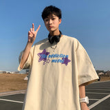 Wiaofellas Summer Cotton New Men's Round Neck Oversized Tshirt Handsome Short Sleeve T-shirt for Men Colourful Star Print Harajuku