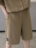 Men's Khaki Shirt Suit Elegant Vintage Short-sleeved Shirt Grunge Mature Patch Design Shorts Korean Fashion Two Piece Set Summer