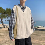 Wiaofellas Sweater Vest Men Solid Spring Korean Style Loose Handsome Sleeveless Fashion Trendy Harajuku Leisure Daily Streetwear Classic