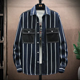 Wiaofellas Stitching Striped Denim Shirt Men Spring/Autumn All-match Loose Thickened Long-sleeved Shirt Jacket Harajuku Long Sleeve Shirts