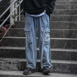 Wiaofellas Men's Loose Wide Leg Pants Ribbon Streetwear Casual Pants Retro Oversized Jeans Fashion Trend Blue/black Trousers M-2XL