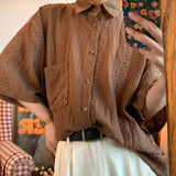 Wiaofellas-Summer Men's Retro Hollowed Out Short Sleeved Shirt Fashion Trend Casual White/Brown Shirts High Quality Unisex Clothes