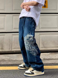 Wiaofellas-Hip Hop Embroidery Straight Jeans Men and Women New Fashion Casual American Street Skateboard Loose Wide Leg Casual Trouser Tide