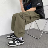 Wiaofellas Kpop Khaki Cargo Pants Women Low Waist Sweatpants Drawstring Pockets Straight Pants Men Y2k Wide Leg Trousers Korean Parachute