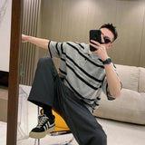 Wiaofellas Summer  Men's Korean Edition Polo Collar Stripe Print POLO Shirt Temperament Commuter Fashion Versatile Casual Short Sleeve Top
