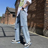 Wiaofellas Summer Blue Hole Jeans Men Fashion Casual Ripped Jeans Men Streetwear Hip Hop Loose Straight Denim Pants Mens Trousers M-2XL