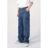 Wiaofellas Four Seasons Men's Retro Loose Relaxed Casual Pants Fashion Trend Loose Trousers Workwear Streetwear Blue Color Jeans