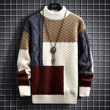 Wiaofellas Autumn and Winter New Sweater Warm Fashion Stitching Color Matching Pullover Round Neck Sweater Thickened Knitted Sweater