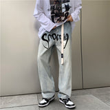 Wiaofellas Y2k Trousers for Men Distressed Gothic Hip Hop Letter Print Straight Jeans High Street Vintage Baggy Casual Loose Pants