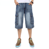 Wiaofellas Men Summer New Denim Shorts Denim Cargo Shorts Multi Pockets Jean Baggy Calf-Length Pants 42 44 46