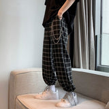 Wiaofellas Plaid Wide Leg Trouser Belt Chain Sleepwear Men's Wear Summer Hip Hop Casual Pants Fashion Men's Pants