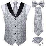 Wiaofellas Brand Suit Vest Set For Men Luxury Silk Black Gold Paisley Dress Vest Tie Cufflinks Handkerchief Set Male Sleeveless Waistcoat