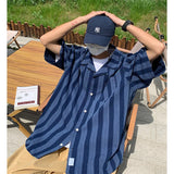 Wiaofellas Summer Blue Denim Shirt Men Fashion Retro Pocket Striped Shirts Mens Streetwear Korean Loose Denim Short Sleeved Shirt Men M-2XL