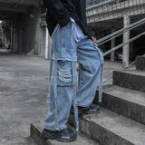Wiaofellas Harajuku Vintage Jeans Loose Pockets Wide Leg Pants Fashion Oversized Trousers Ribbon Hole Cargo Korean Staight Casual